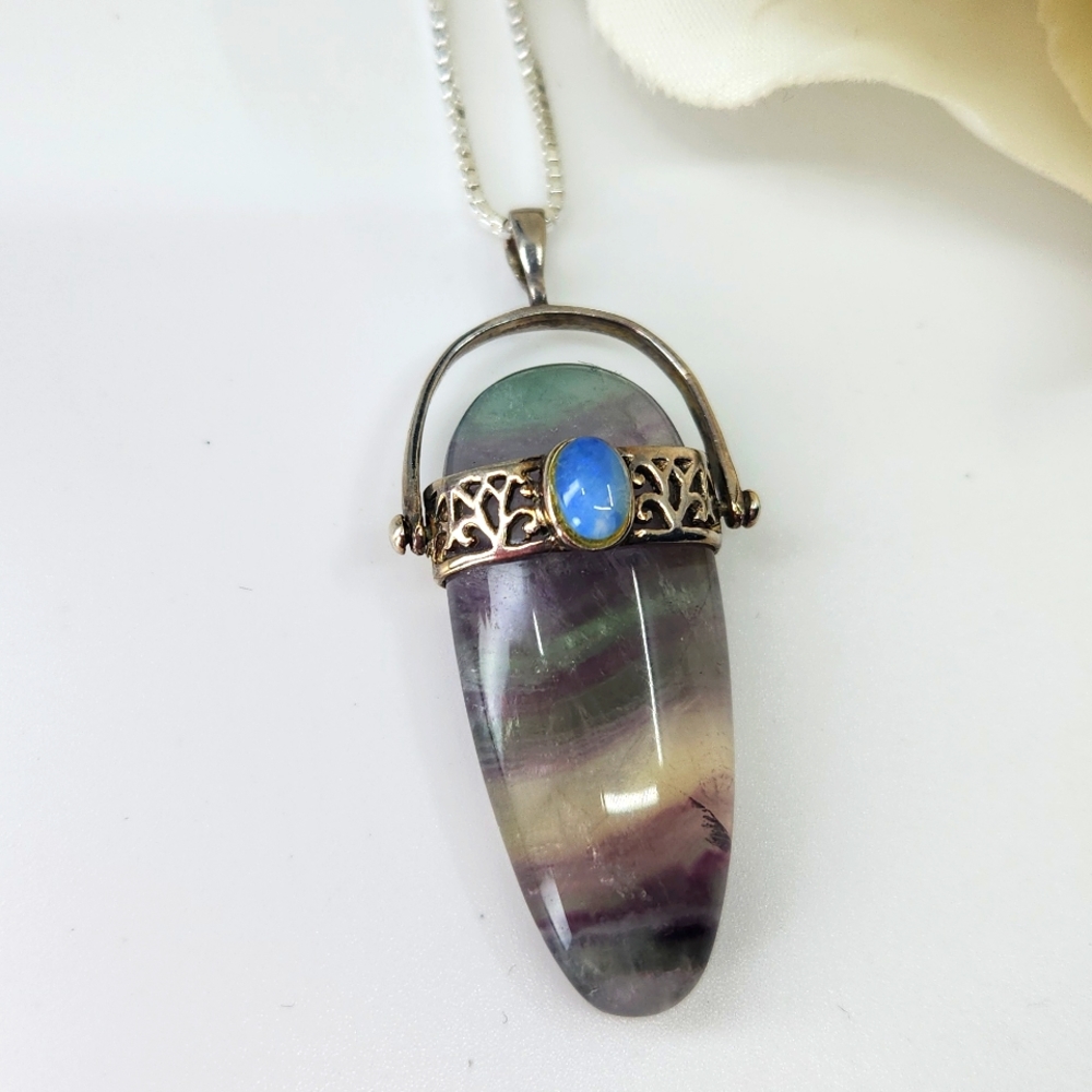 Sterling Silver Necklace with Fluorite Pendant and Sterling Silver Bail